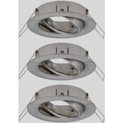 Three grey recessed ceiling spotlights made of metal, each with a pivoting ring and mounting brackets.