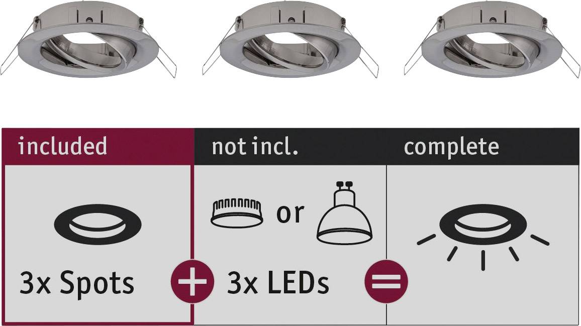 'Three round ceiling lights, each with a silver frame. Text: "included: 3 spots", "not included: 3 LEDs", "completed".'