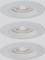 Three round, white recessed ceiling lights in a row, evenly spaced.