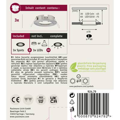 'Fitting for LED Recessed Spotlight. Includes 3 LEDs. Dimmable, IP65. Suitable for fabric and wood installation. 5-year warranty. Environmentally friendly packaging.'