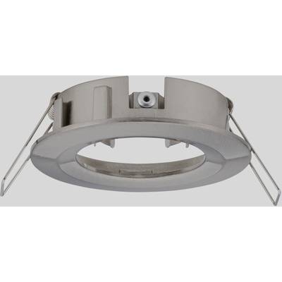 A round, metallic lamp holder with two side brackets for installation. Suitable for recessed spotlights in ceilings.