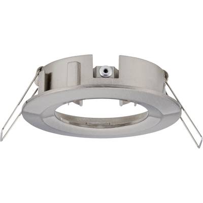 A round, silver recessed ring for ceiling lights with two flexible clips on the sides for mounting.