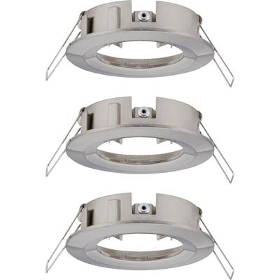 Three silver recessed ceiling light frames, arranged vertically, show their mounting brackets.