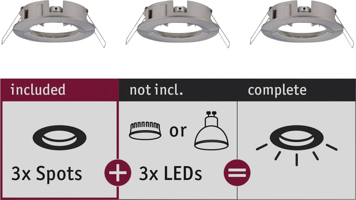 'Three recessed spotlights above. Below: '3x Spots' plus '3x LEDs' equals 'complete'.'