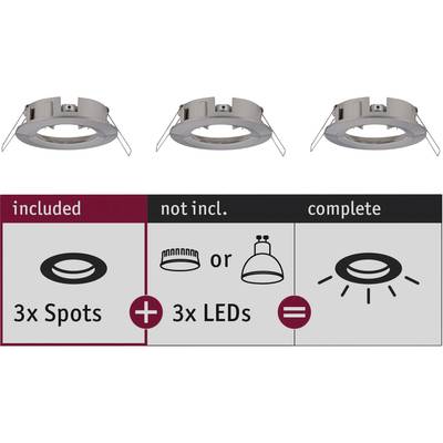 'Three round recessed lights at the top. Below a diagram: 3 spots included, 3 LEDs not included, resulting in complete lighting.'