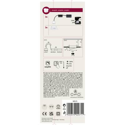 'Lighting set with three white recessed spotlights, transformer and connection instructions. Supports easydim for dimmable lighting.'