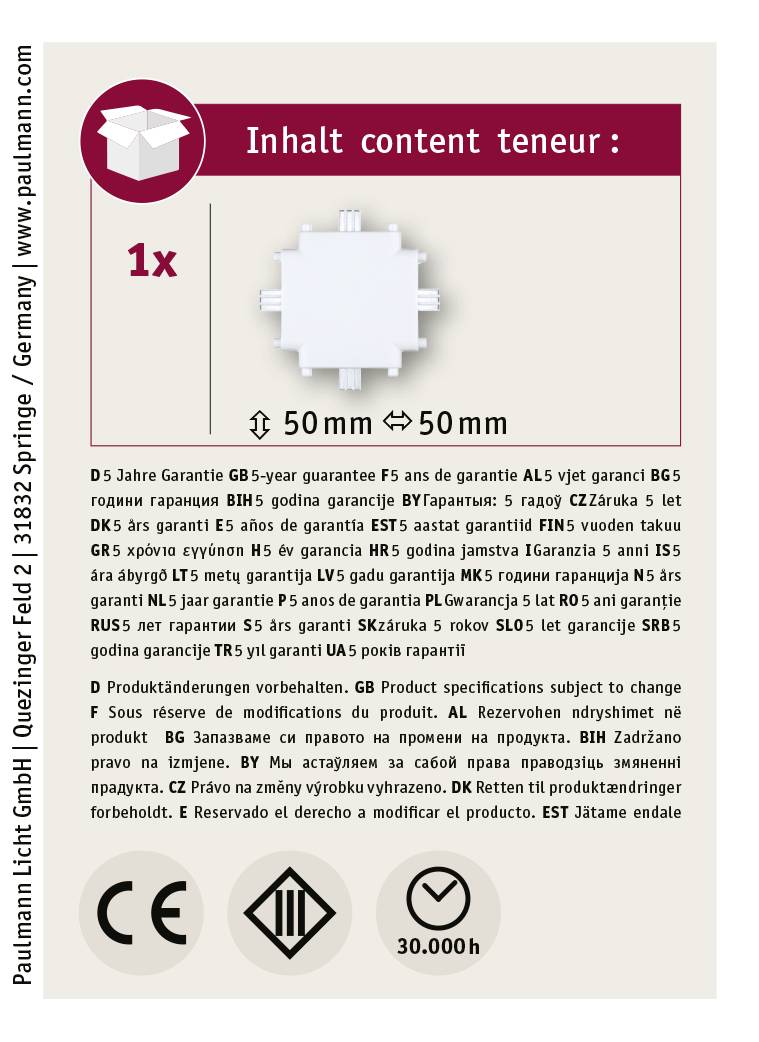 'Content: 1x' shows a technical product with dimensions 50mm x 50mm. Includes notes on warranties and safety.