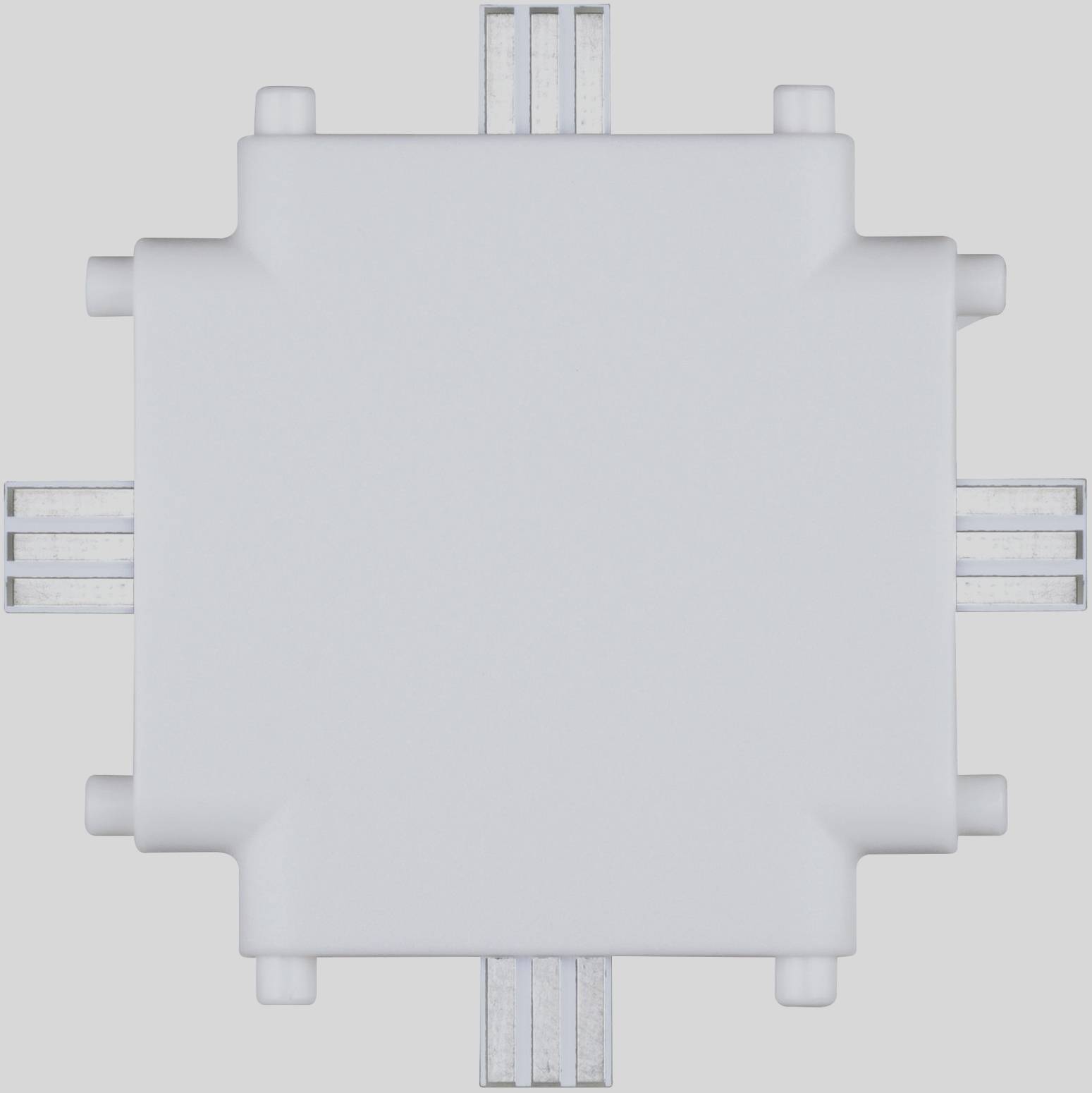 White electrical junction box with four connections on the sides, against a grey background. Primary component for cable connections.