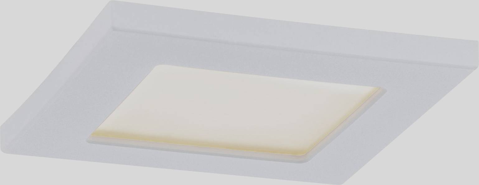 White square, flat LED ceiling light. Minimalist design, used for interior lighting.