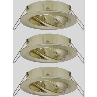 Three golden recessed light fittings with pivoting inner ring, suitable for ceiling mounting in a modern design.