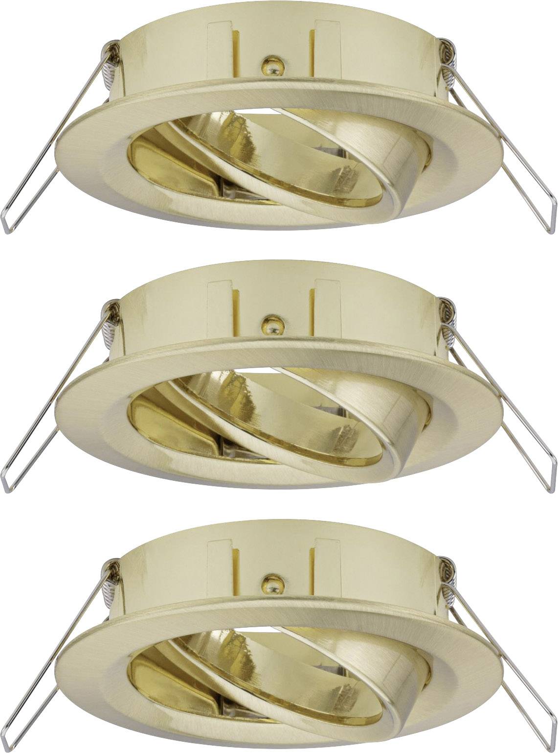 'Three golden recessed spotlights with tilting design, suitable for ceiling mounting. Front view shows details of mounting brackets and fixtures.'