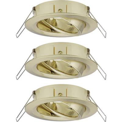 'Three golden recessed spotlights with tilting design, suitable for ceiling mounting. Front view shows details of mounting brackets and fixtures.'