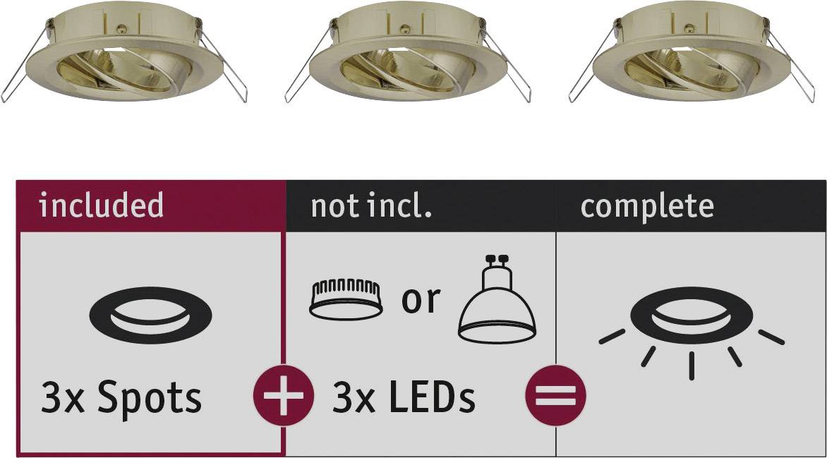 Three golden recessed spotlights. Diagram shows: '3x Spots inclusive + 3x LEDs not inclusive = complete'.