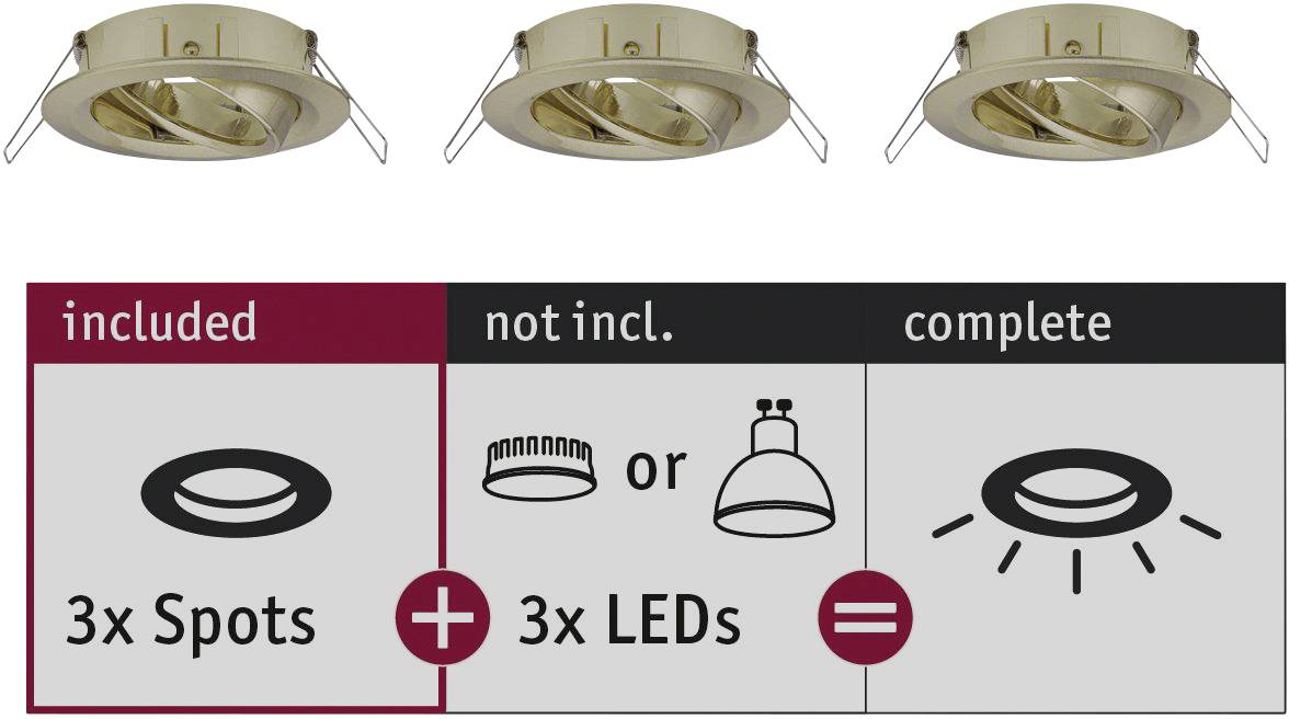 Three golden recessed spotlights at the top. Below: Graphic shows '3x Spots' plus '3x LEDs or bulbs' equals 'complete'.