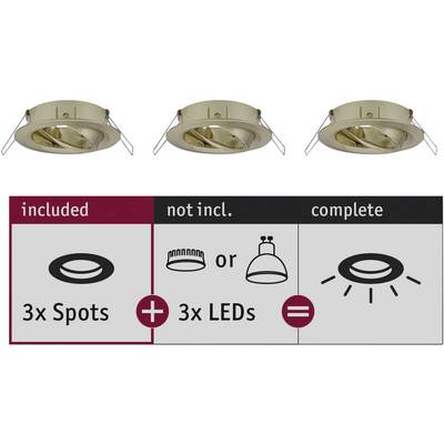 Three golden recessed spotlights at the top. Below: Graphic shows '3x Spots' plus '3x LEDs or bulbs' equals 'complete'.
