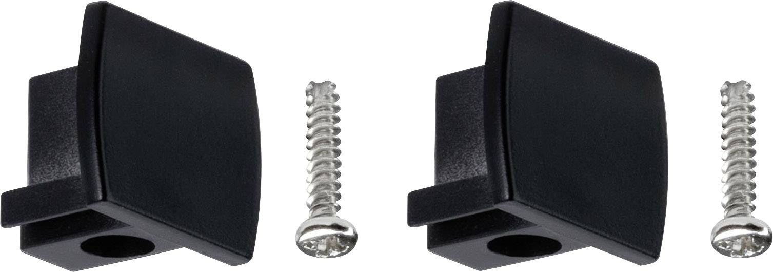 Two black plastic components with side openings, each with a silver screw beside them on a white background.