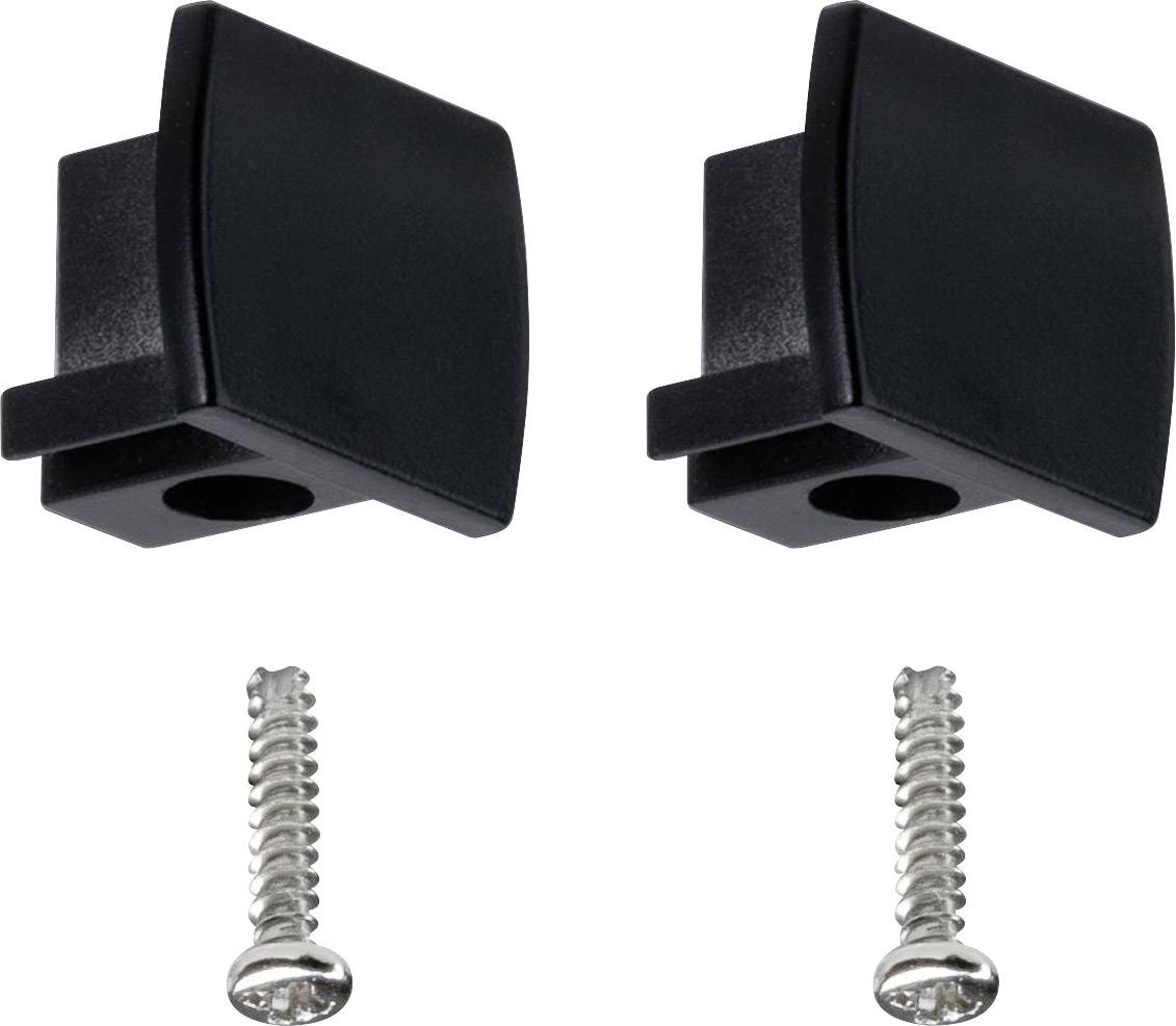 Two black, square plastic mounting brackets next to two silver screws, possibly for shelf or furniture installation.