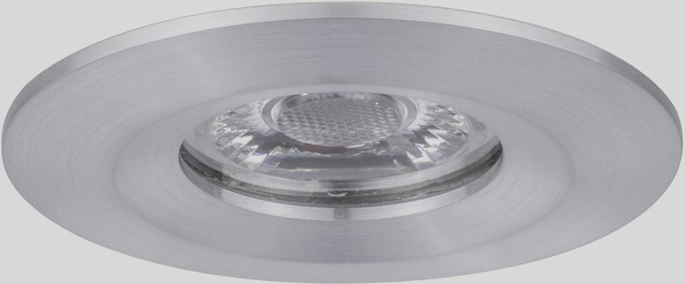 Recessed light fitting in brushed metal with a circular frame and clear glass. Suitable for contemporary lighting designs.