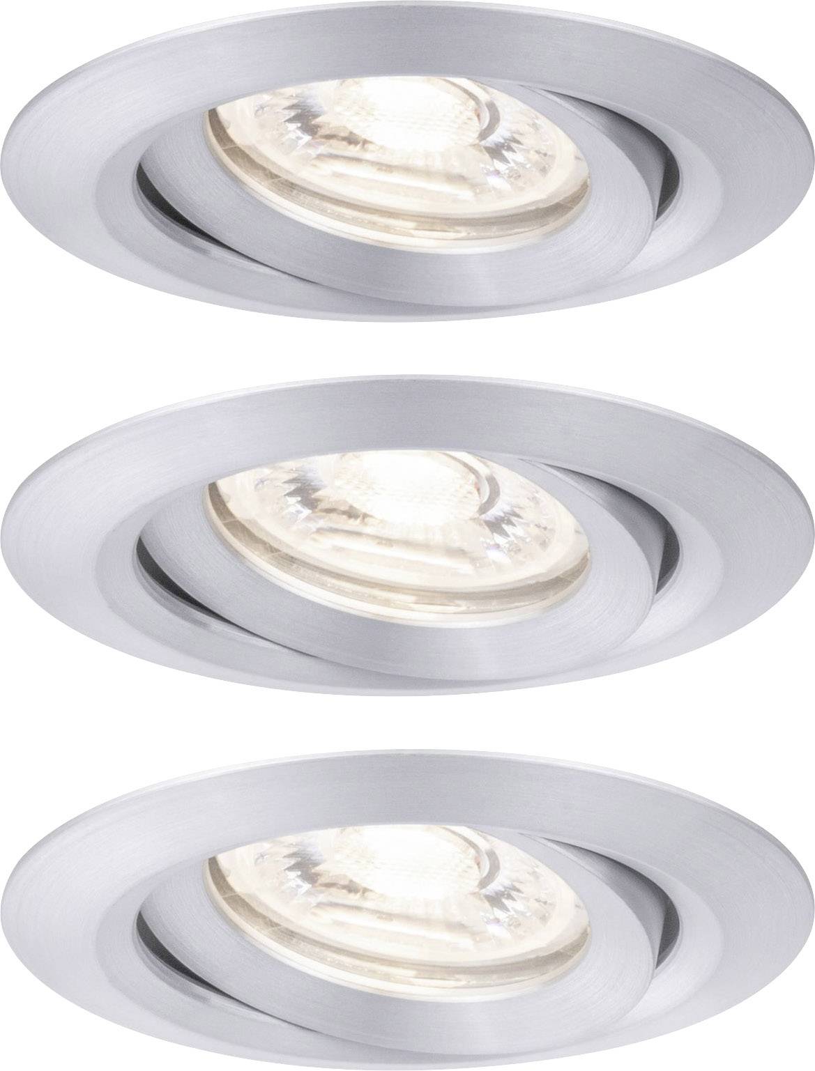 Three round, silver recessed lights with adjustable spotlights, suitable for modern ceiling lighting.