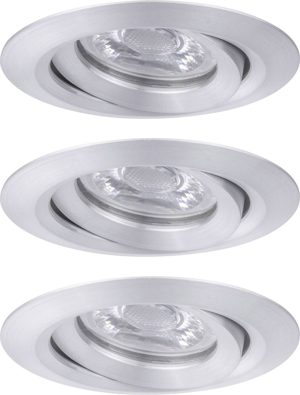 Three round, silver recessed light fittings with adjustable LED spotlights, arranged in a vertical configuration.