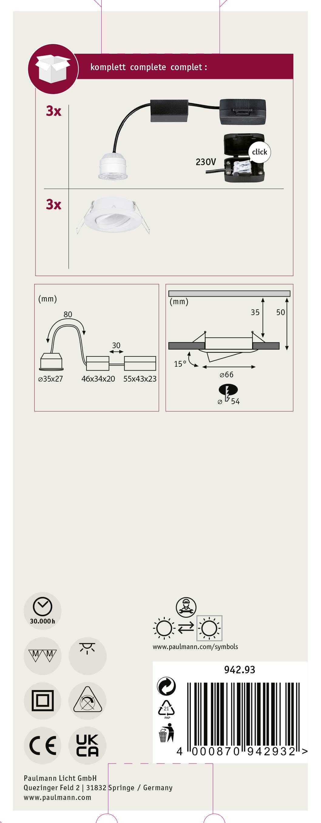 'Product packaging for lighting set. Contains installation sketch, assembly instructions, power rating (230W) and EAN code. Manufacturer: Paulmann Licht GmbH.'