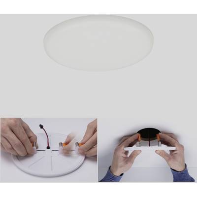 'A round LED ceiling light and steps for installation. Top: Light. Bottom left: Connect wires. Bottom right: Attach light to ceiling.'