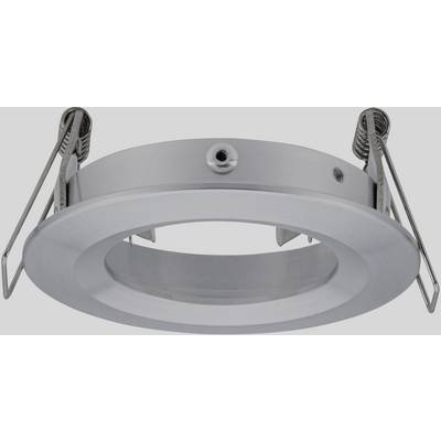 A silver, round LED recessed mounting frame with two retaining clips for installation.