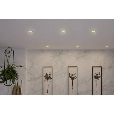 Living room with six ceiling spotlights, three black-framed artworks featuring floral motifs on a marble-papered wall, hanging plants to the left.