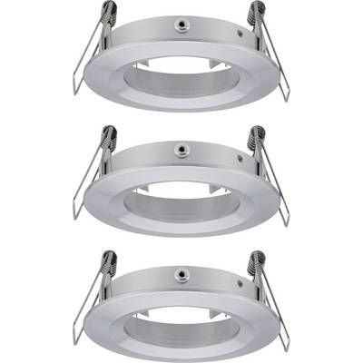 Three round, silver recessed spotlights with mounting brackets for ceiling installation.
