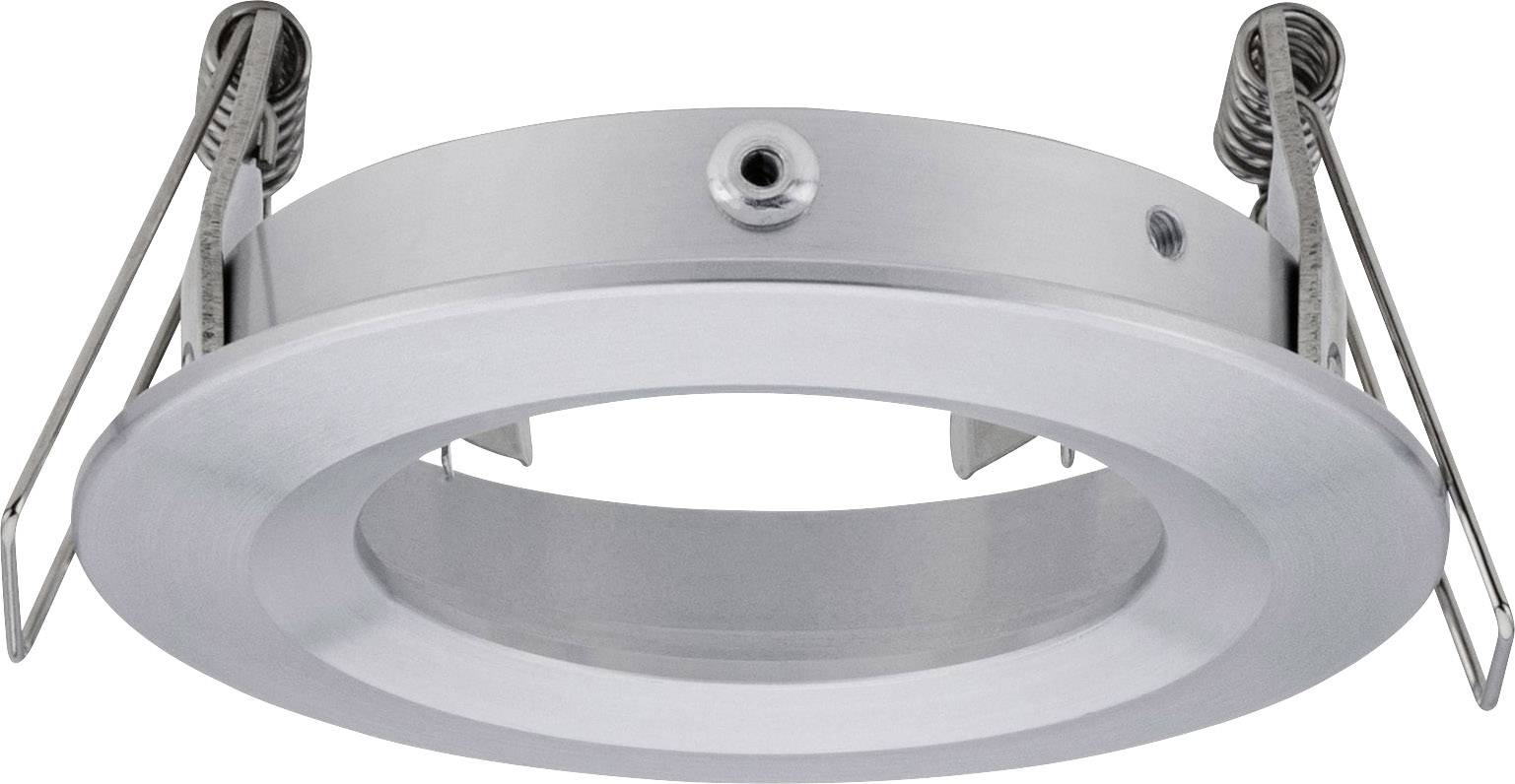 A round, metallic recessed frame with spring clips, suitable for light fixture installation in ceilings.