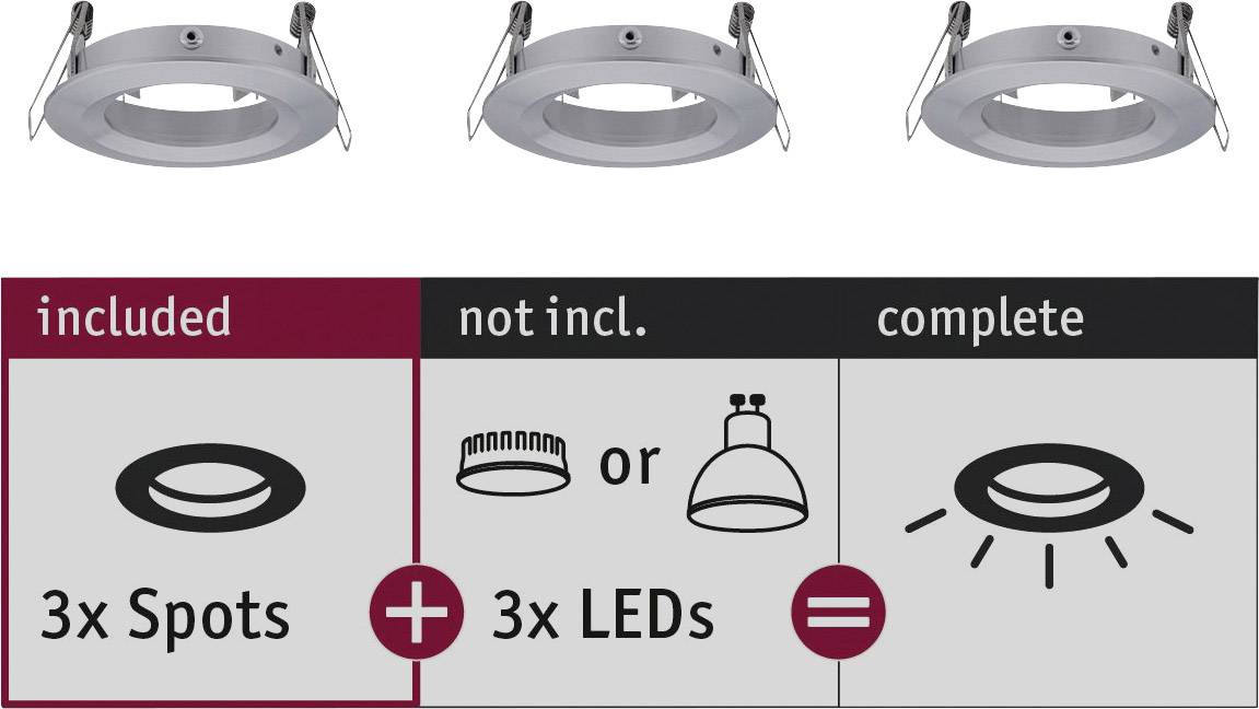'Image shows three round recessed spotlights. Diagram describes that 3 spots and 3 LEDs together form a complete set.'