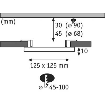 Technical Drawing: Vertical Cross-Section of an Extractor Hood, Dimensions Specified: 125 x 125 mm, Height 10 mm. Pipe Diameter 45 to 100 mm, Positions and Diameters for Screw Holes (30 mm, Ø90/45 mm, Ø68).