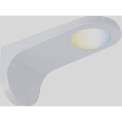 White, modern wall light with a circular, two-colour light area in blue and yellow, hanging on a grey wall.