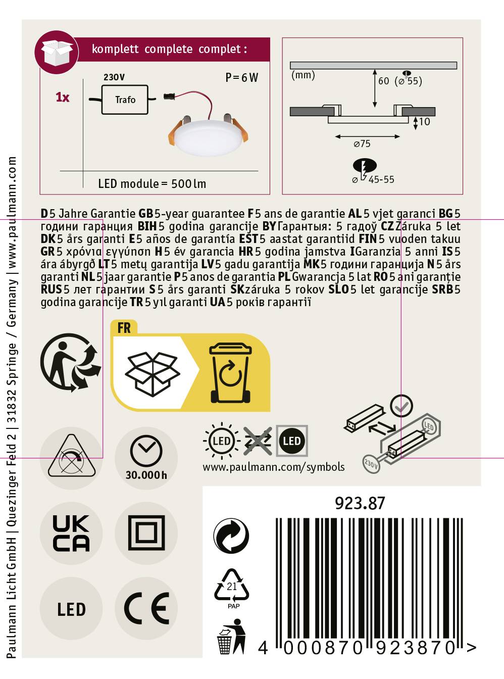 Paulmann LED Light - Product Description with Specifications: 6W, 500lm. Multilingual warranty information. Made in Germany. Product code: 92387.