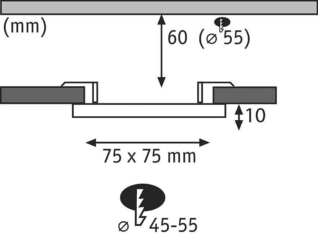 Ceiling Mount Diagram: Spacing 60 mm, Height 10 mm, Drill Diameter 45-55 mm. Dimensions 75 x 75 mm.