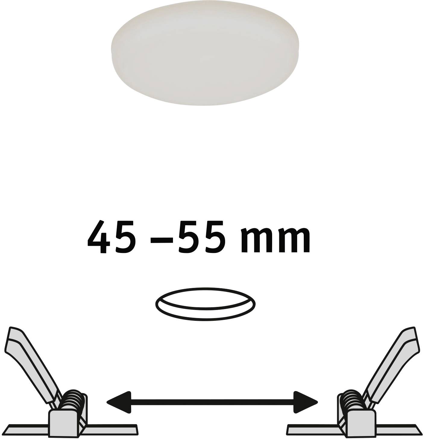 Diagram shows a circular ceiling spotlight and a scale of 45–55 mm, representing the possible installation depth.