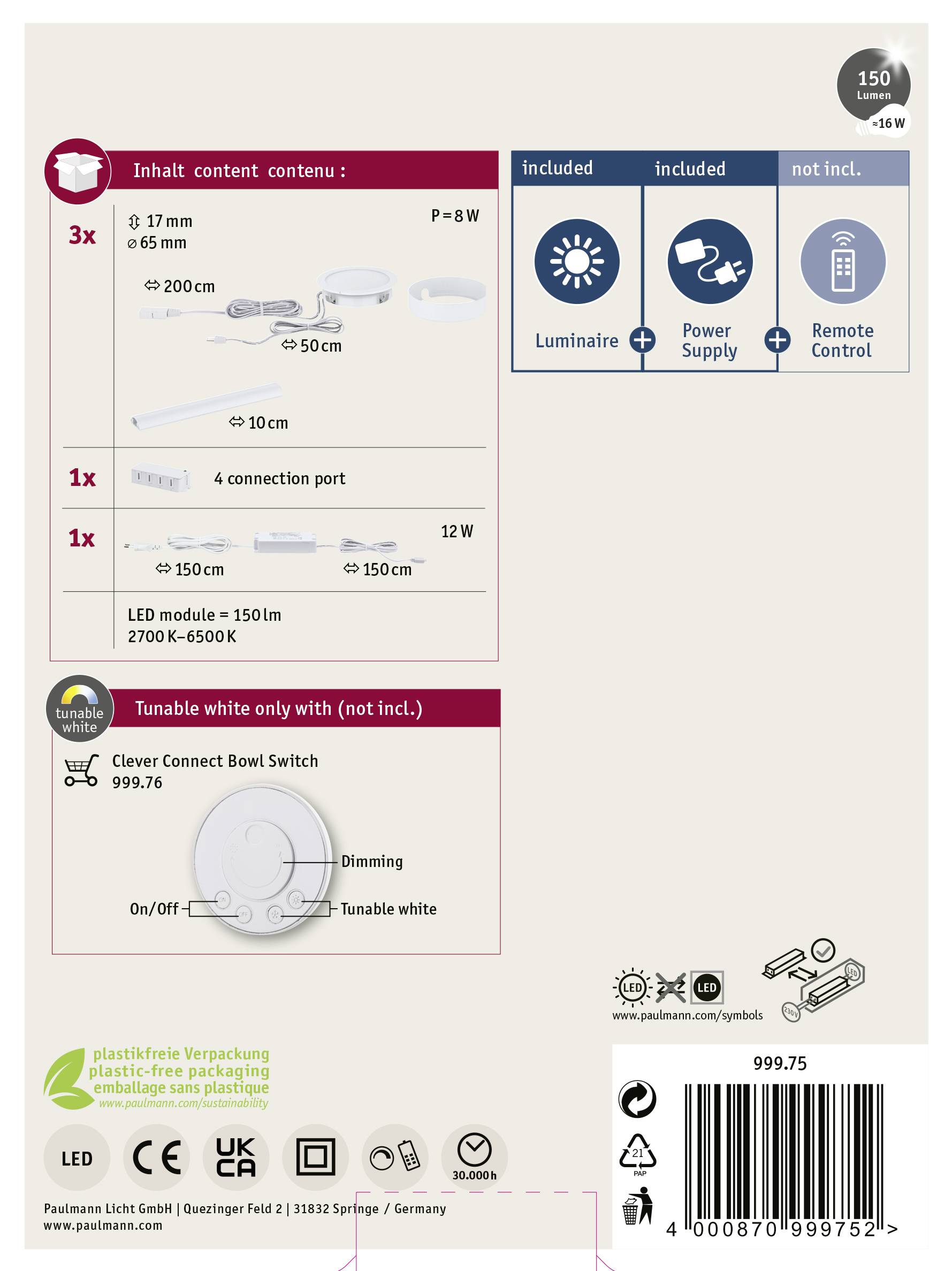Packaging Reverse Side with Heading 'Contents'<br><br>Contains lamps, connection points and power supply information. Performance details: 6.5W and 12W LED, including accessories note.