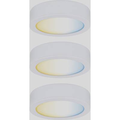 Three round, white LED ceiling lights with different light colours: top warm white, middle neutral white, bottom cool white.