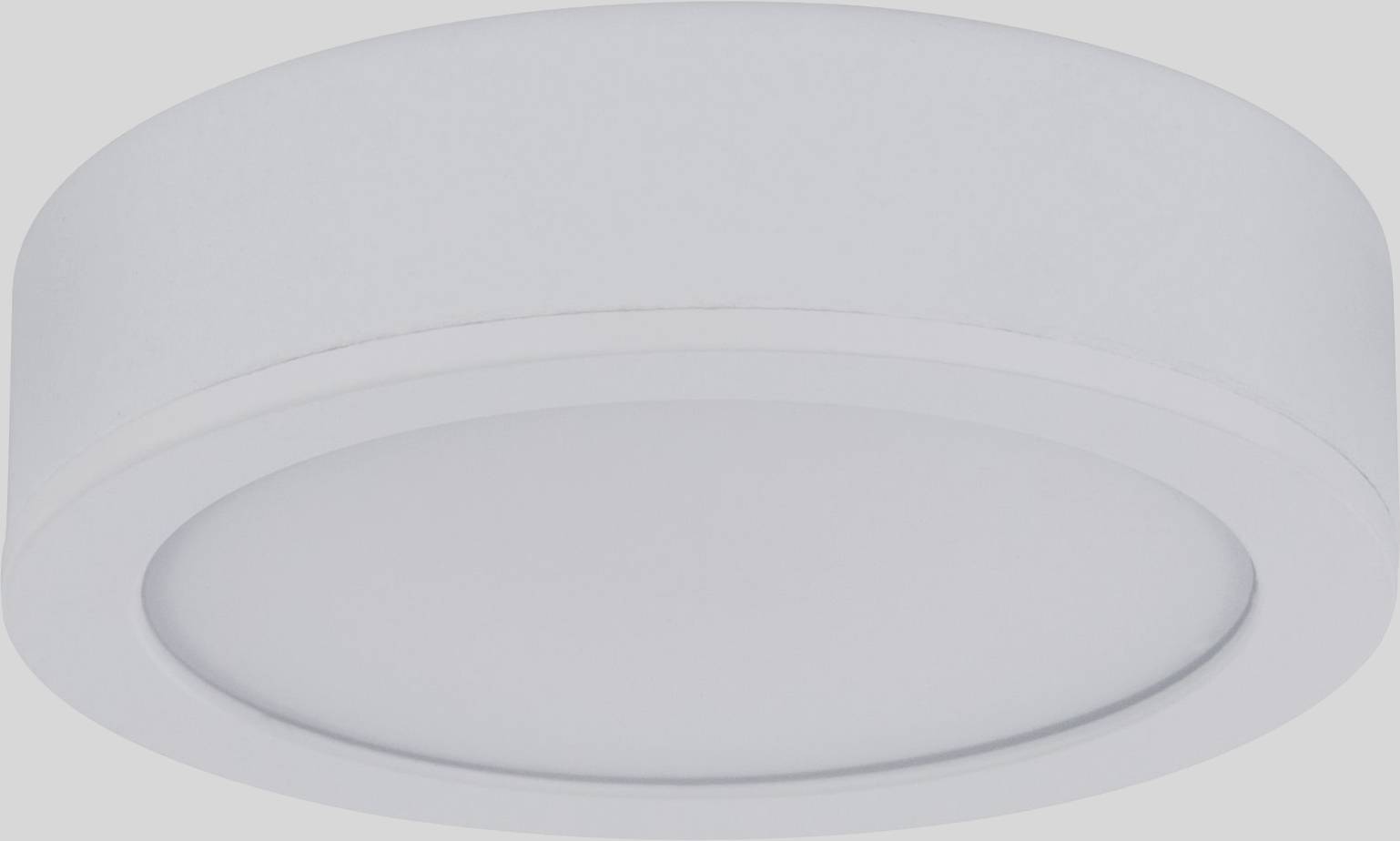 Round, white ceiling light with a simple design, suitable for modern interiors. Ideal for even room illumination.
