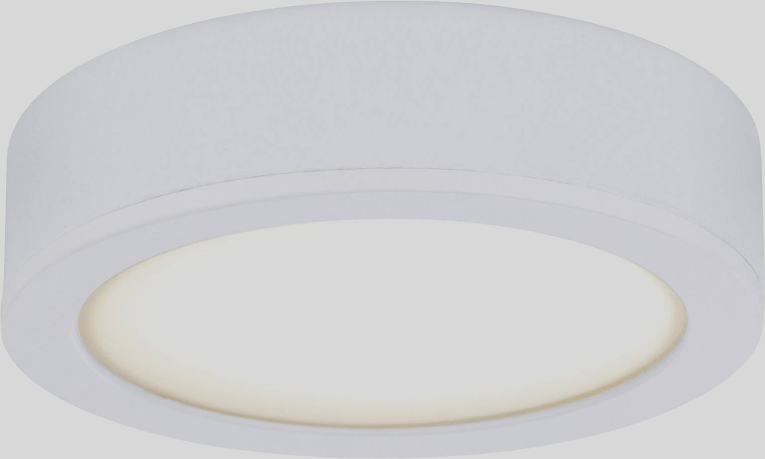 Round, flat ceiling light in white with warm, soft lighting. Perfect for contemporary interiors.