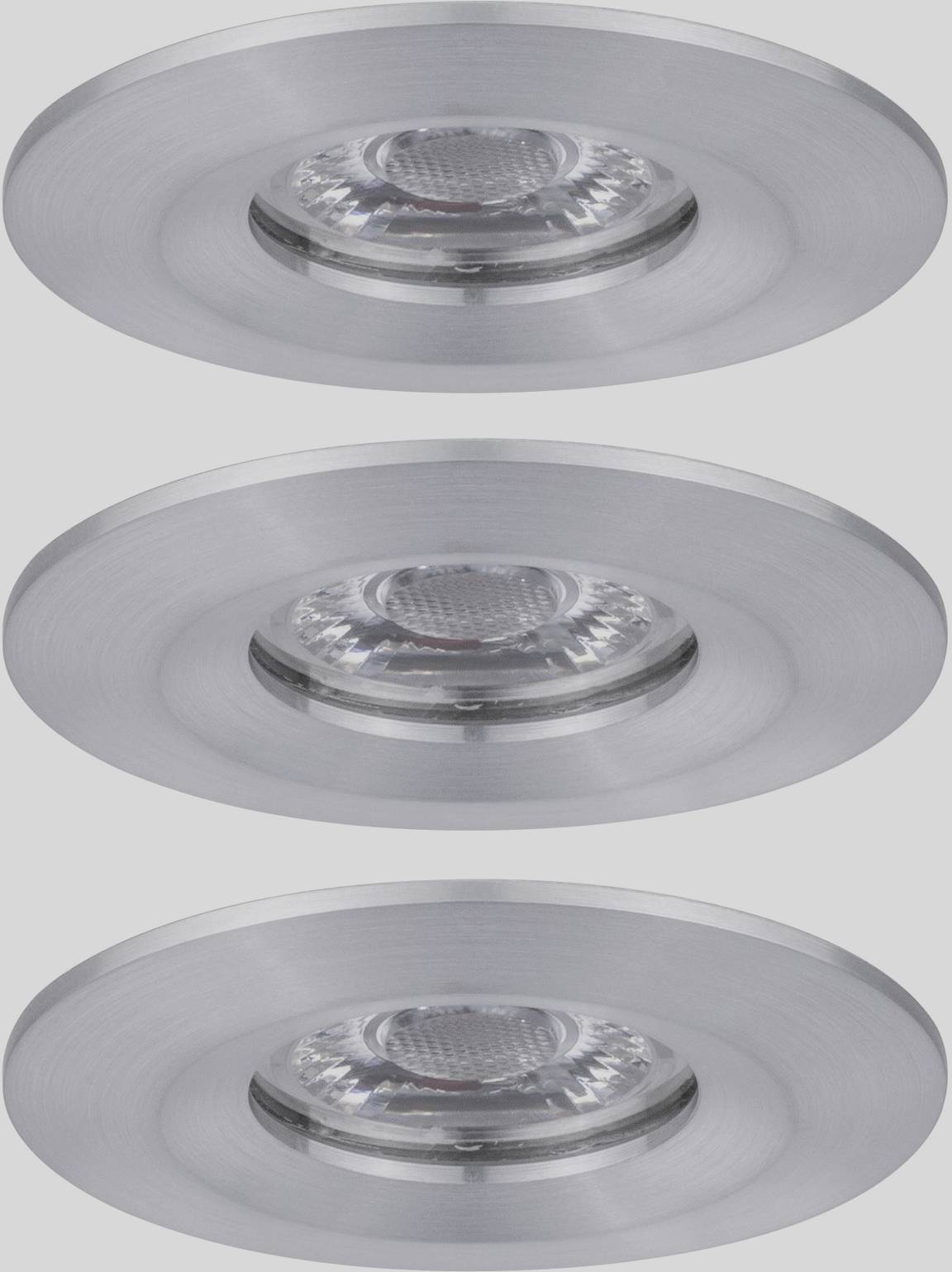 'Three round recessed metal spotlights, each with a central light bulb, evenly arranged in a vertical row.'