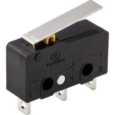 Miniature micro-switch with metal lever, black plastic housing, three connection terminals, suitable for electrical applications.