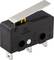Miniature micro-switch with metal lever, black plastic housing, three connection terminals, suitable for electrical applications.