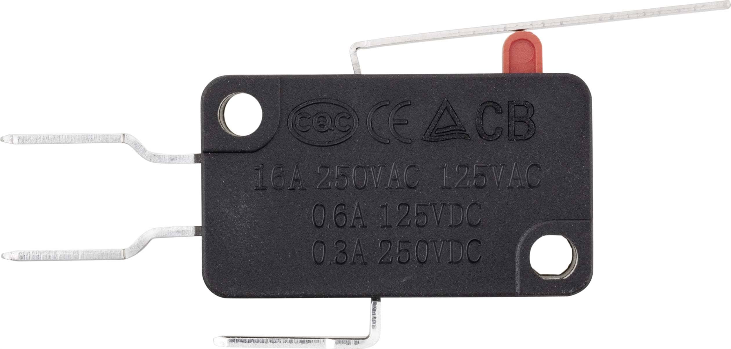 A black microswitch with metal levers and technical specifications, including '16A 250VAC' and '125VAC' printed on it.
