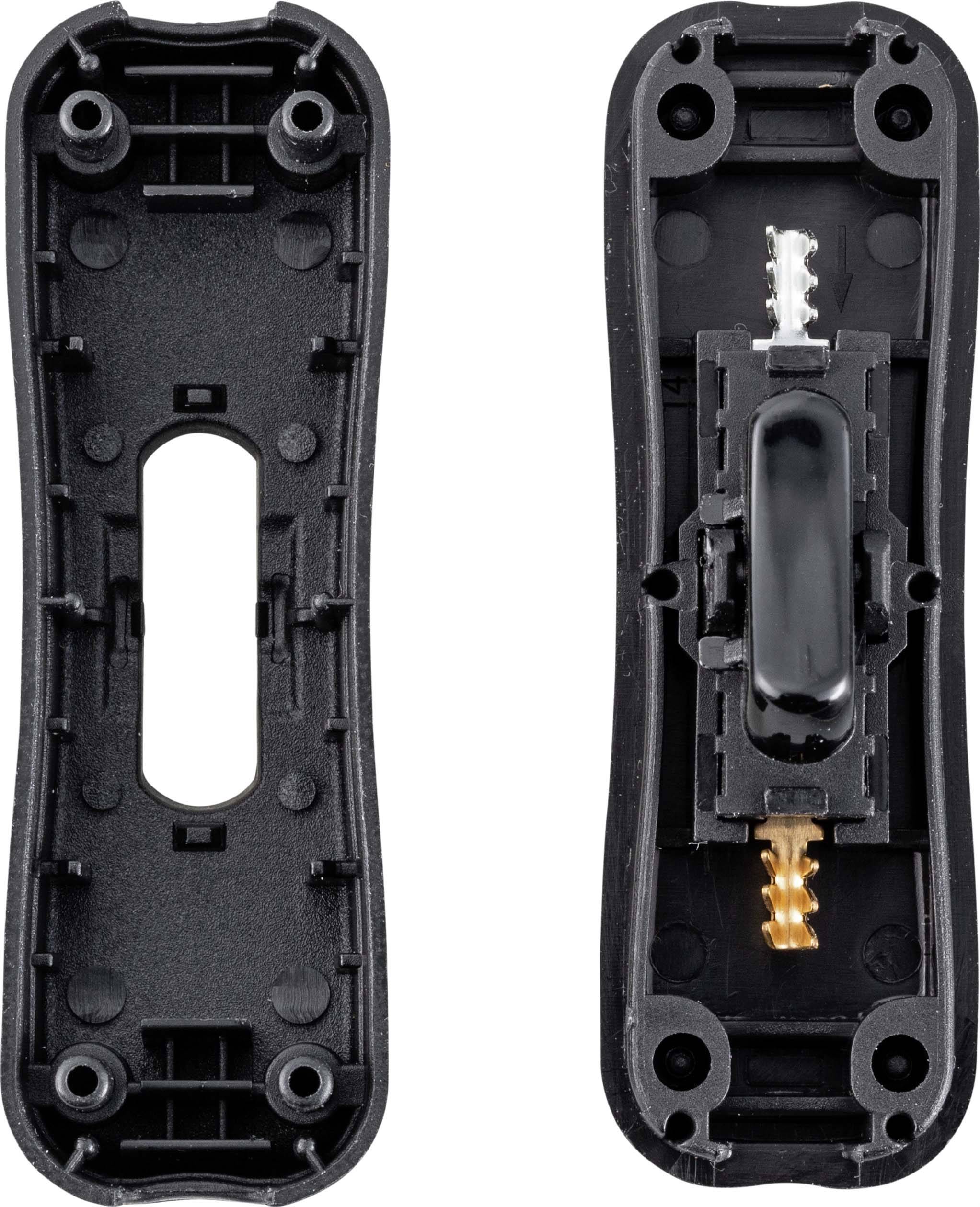 Two parts of an opened black plastic casing, presumably for electronic components, with visible screws and fastenings.