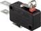 Micro switch with lever, suitable for 16A, 250VAC. Rectangular housing, electrical connections, red actuating button on top.