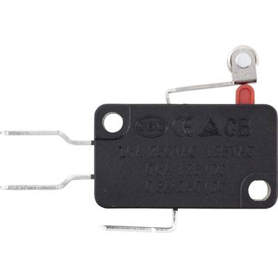 A black micro switch with metal switches and markings for electrical specifications, including 16A 250VAC and CE marking.