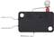 A black micro switch with metal switches and markings for electrical specifications, including 16A 250VAC and CE marking.