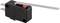 A black micro switch with a long lever arm, red and silver details, is used for precise electrical or machine control.