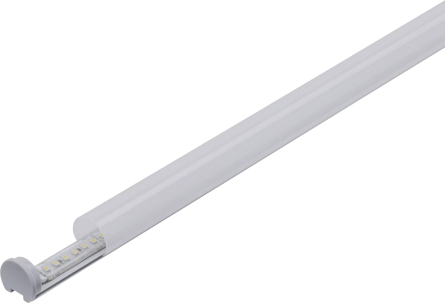 LED fluorescent tube in cylindrical form, white, with glowing LED diodes at the left end, on a neutral background.